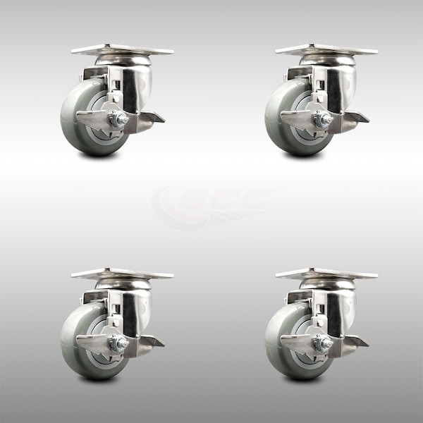 3.5 Inch 316SS Gray Polyurethane Wheel Swivel Top Plate Caster Set with Brake